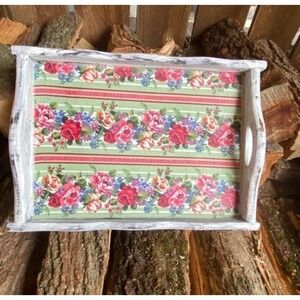Wood Tray Vintage Floral Fabric‎ Painted Distressed Cottagecore Upcycled